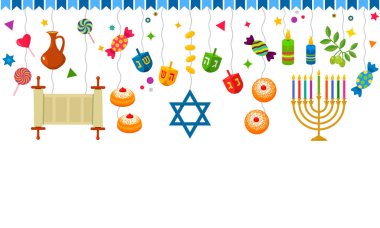 Hanuka festival ışıkların için seamless modeli. Geleneksel semboller - topaç, çörek, yedi Kollu Şamdan, tatlılar, davut yıldızı. Beyaz arka plan üzerinde izole düz vektör çizim