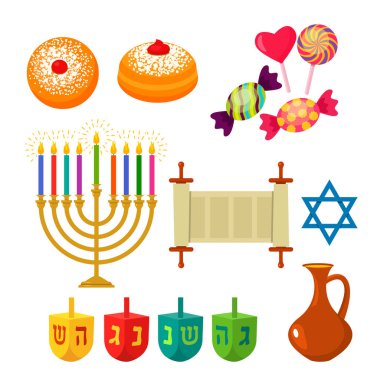 Hanukkah Yahudi tatil için simgeler kümesi. Geleneksel semboller simgeler - dreidl, şekerleme, çörek, yedi Kollu Şamdan, David yıldız. Beyaz arka plan üzerinde izole düz vektör çizim.