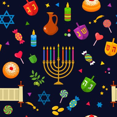 Sorunsuz doku - desen Hanukkah Yahudi tatil için. Geleneksel semboller simgesinin - dreidl, şekerleme, çörek, yedi Kollu Şamdan, David yıldız. Düz vektör illüstrasyon izole