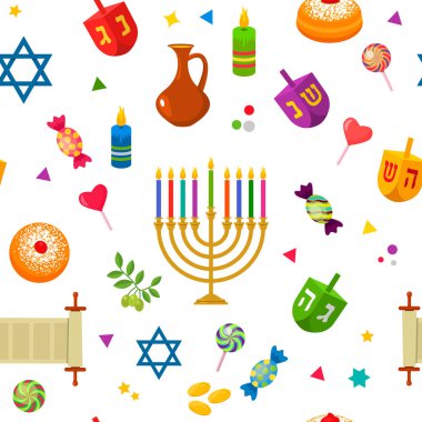 Sorunsuz doku - desen Hanukkah Yahudi tatil için. Geleneksel semboller simgesinin - dreidl, şekerleme, çörek, yedi Kollu Şamdan, David yıldız. Düz vektör illüstrasyon izole