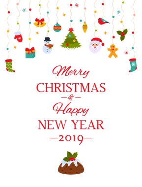 Noel poster veya ambalaj. Geleneksel Noel süslemeleri ve çelenk - Santa, Hediyelik, kardan adam, Noel top, gingerbread asılı. Beyaz arka plan üzerinde izole düz vektör çizim