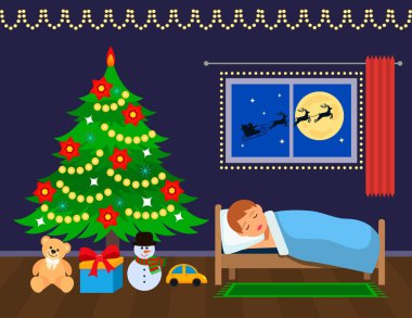 Küçük çocuk Noel ağacının yanında uyuyor ve hediyeler için bekliyor. Arka plan ay üzerinde geyik ile Santa pencere içinde. tebrik kartı veya afiş. düz vektör çizim