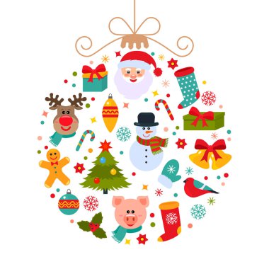 Sembollerle Noel Noel top. Santa, ağaç, geyik, Hediyelik. düz vektör çizim. Tebrik kartı veya afiş kelimeleri ile 
