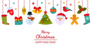 Noel poster veya ambalaj. Geleneksel Noel süslemeleri ve çelenk - Santa, Hediyelik, kardan adam, Noel top, gingerbread asılı. Beyaz arka plan üzerinde izole düz vektör çizim