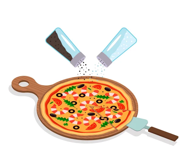 Ronde Hete Italiaanse Pizza Met Zeevruchten Garnalen Een Houten Bord — Stockvector