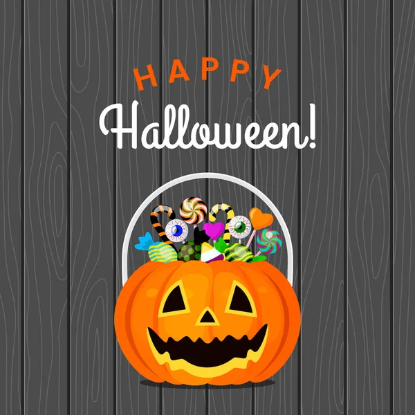 Cubo Calabaza Halloween Con Caramelos Diferentes Dulces Sobre Fondo Madera — Vector de stock