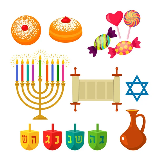 Készlet Ikonok Zsidó Ünnep Hanukkah Hagyományos Szimbólumok Ikonok Dreidl Édességek — Stock Vector