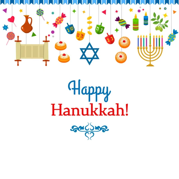Greeting Card Banner Jewish Holiday Hanukkah Traditional Symbols Icon Dreidl — Stock Vector