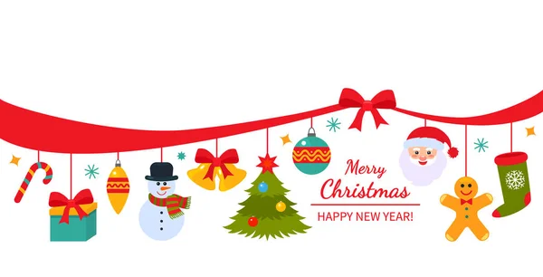 クリスマス ポスターや包装 伝統的なクリスマスの飾りと花輪 サンタ プレゼント 雪だるま クリスマス ボール ジンジャーブレッドをぶら下がっています 白い背景で隔離のフラット — ストックベクタ