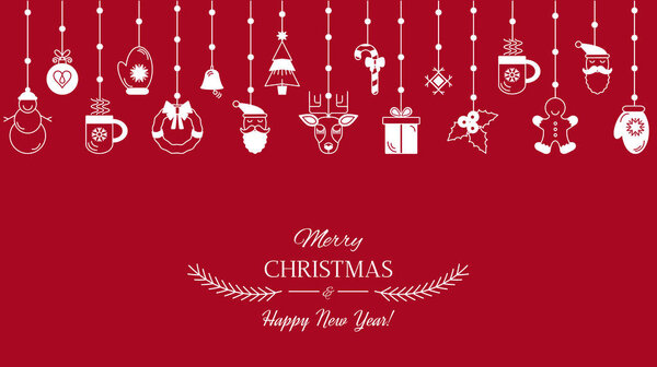 Greeting card or banner with the words "We wish you a Merry Christmas and Happy New Year." Abstract Christmas banner with symbols of Christmas. Santa, tree, deer, gift. flat vector in linear style