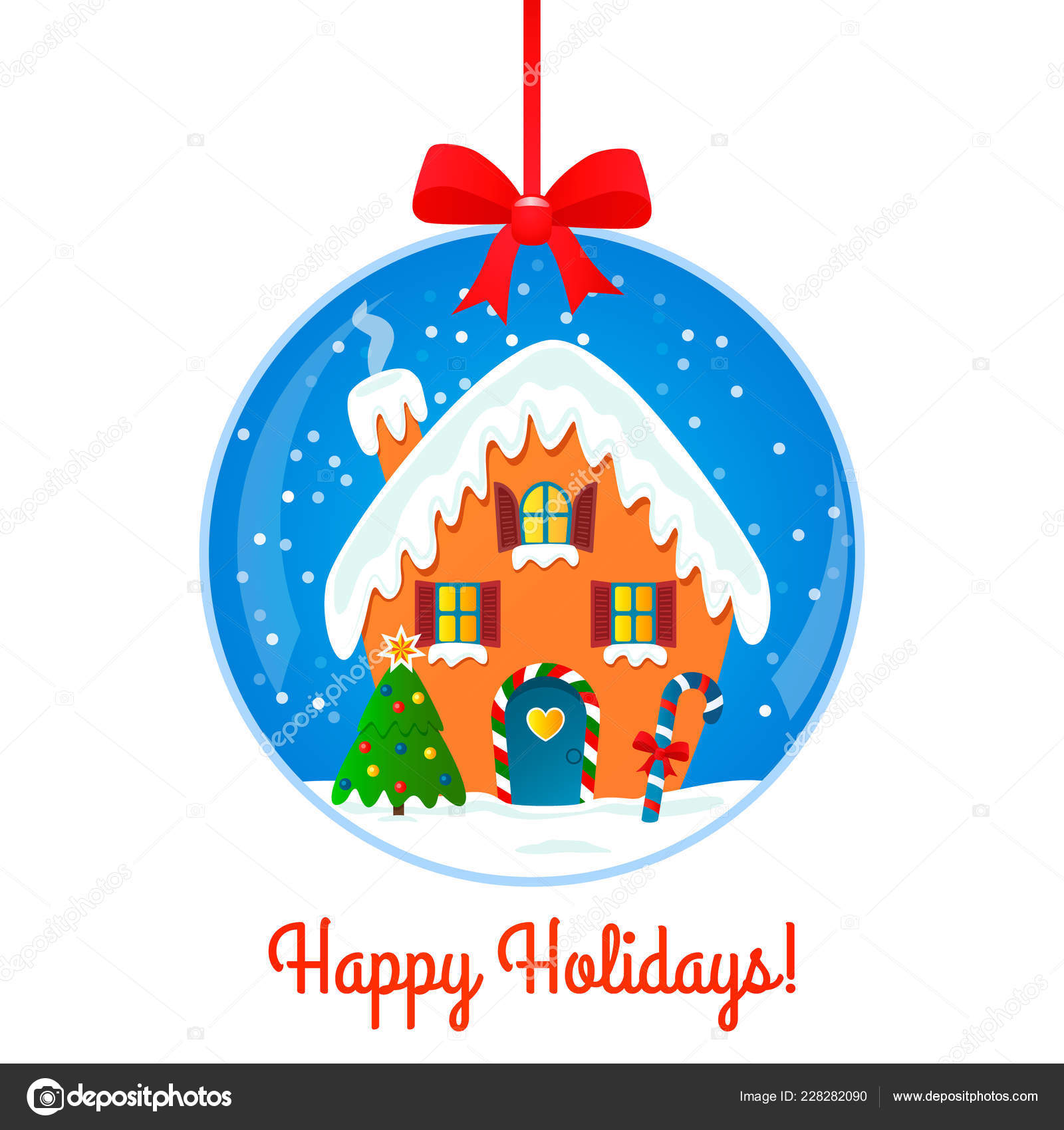 Bola de vidro tradicional com neve dentro de uma casa de Papai Noel bonito  com uma árvore de natal e doces. ilustração vetorial plana isolada sobre  fundo branco Vetor de stock de ©, image size:1600x1700