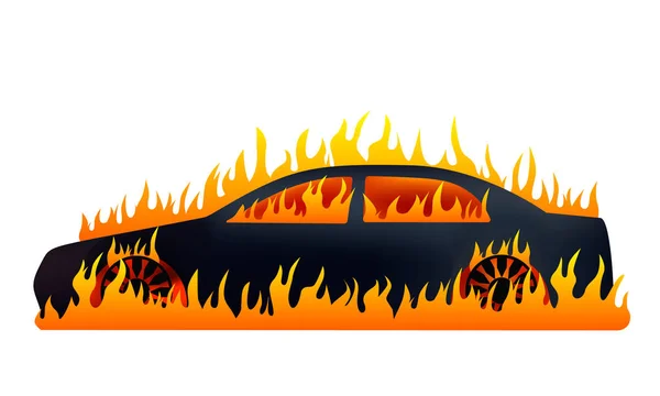 Brandende auto tijdens. platte vectorillustratie geïsoleerd op witte achtergrond — Stockvector