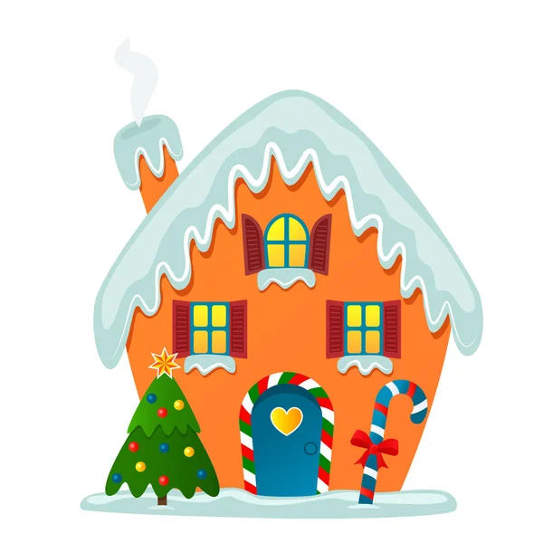 Cartão ou banner. Fantástico e bonito Santas casa na neve com uma árvore de Natal e caramelo. Casa de pão de gengibre. ilustração vetorial plana isolada sobre fundo branco —  Vetores de Stock