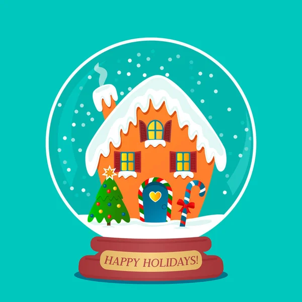 Tradiční skleněné kouli se sněhem roztomilý domě santa vánoční stromek a cukroví. Plochá vektorové ilustrace izolované na bílém pozadí — Stockový vektor