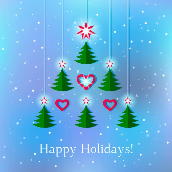 S pozdravem abstraktní novoroční přání či pozvánky. sada lesklých vánočních stromků s hvězdami a srdce, sněhové vločky. vektorové ilustrace — Stockový vektor