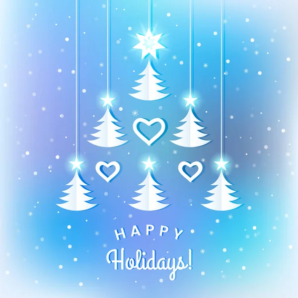 Salutation abstraite carte Nouvel An ou invitation. ensemble d'arbres de Noël brillants avec des étoiles et des cœurs, flocons de neige. illustration vectorielle — Image vectorielle