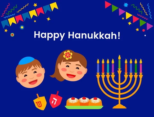 Greeting card or banner for the Jewish holiday of Hanukkah.The traditional symbols of the icon are the dridel, sweets, donuts, menorah, the Star of David and joyful children. Vector Illustration — Stock Vector