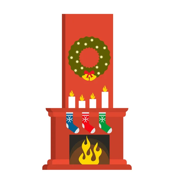 Χριστουγεννιάτικο Τζάκι Διακοσμημένο Ένα Στεφάνι Από Χριστουγεννιάτικα Δέντρα Και Κεριά — Διανυσματικό Αρχείο