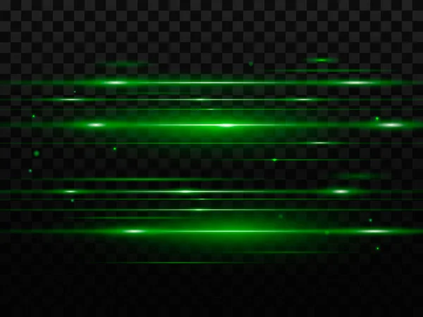 Abstrato Flash Verde Feixes Laser Isolado Sobre Fundo Preto Transparente — Vetor de Stock