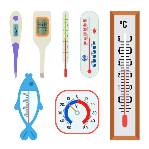 別の温度計 水のためのセット Web 用温度計アイコンの大コレクション 分離された平面ベクトル図 — ストックベクタ