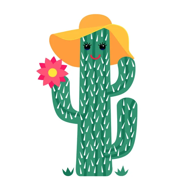 Rolig Kaktus Hatt Och Blomma Barnens Teckning För Tryck Textilier — Stock vektor