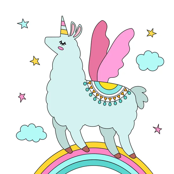 Funny Llama Alpaca Dalam Gambar Unicorn Dengan Sayap Dan Tanduk - Stok Vektor