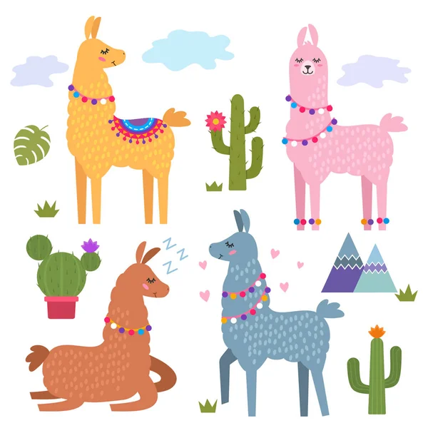 Alpaga Lama Drôle Avec Des Montagnes Des Cactus — Image vectorielle