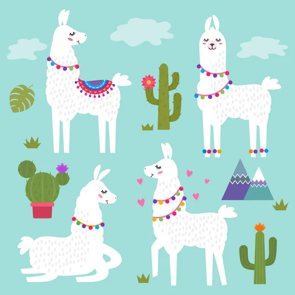 Divertida Llama Alpaca Con Montañas Cactus — Archivo Imágenes Vectoriales