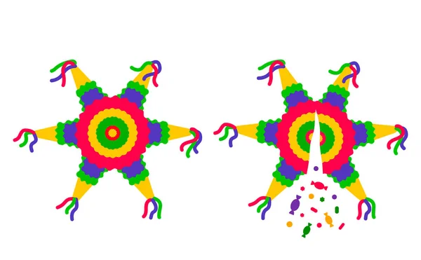 Parlak çizgi film yıldız pinata çizgili. Kırık konfeti ve şeker. Şirin basit düz vektör çizim