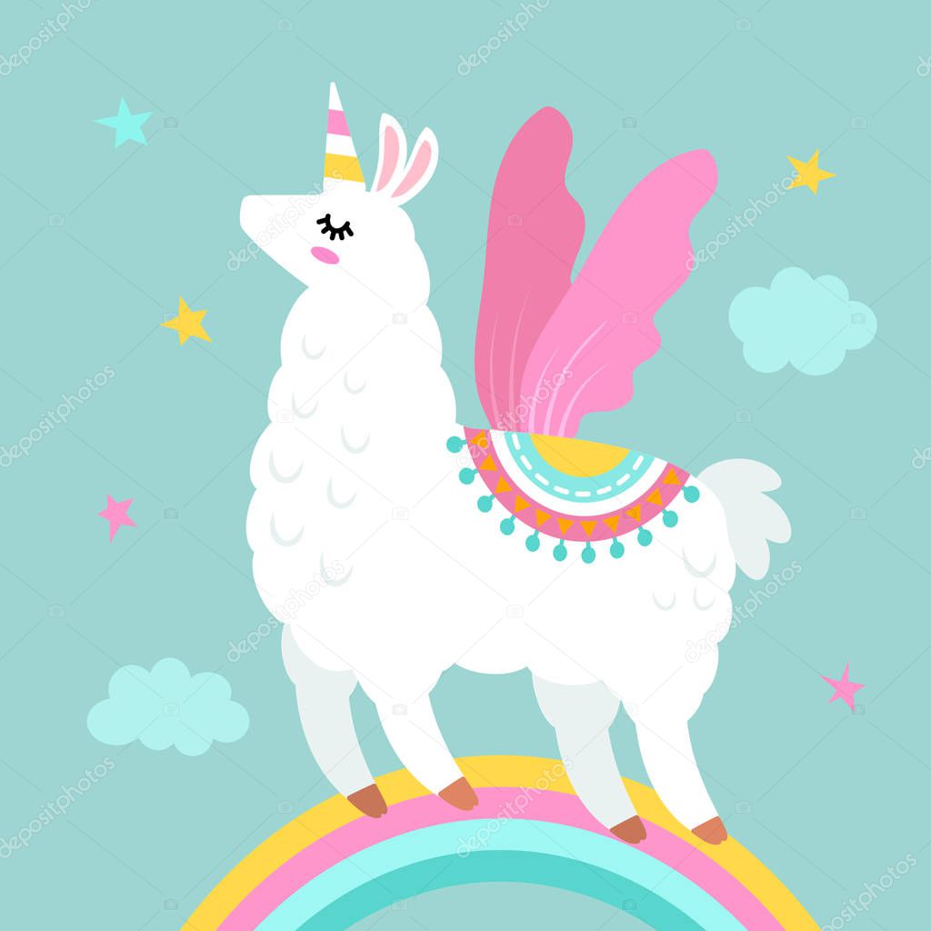 Funny llama alpaca in the image of a unicorn with wings and a horn in the cartoon style are isolated.