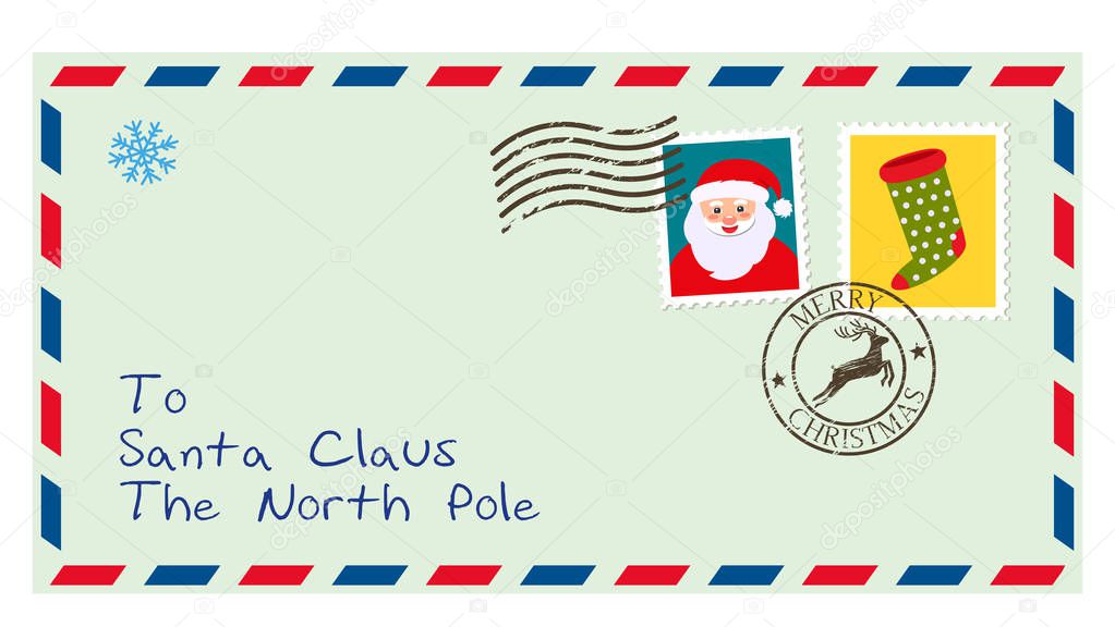 dear santa, envelope with stamp. letter of desires. flat vector illustration