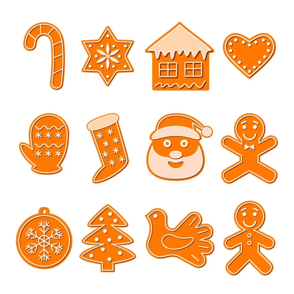 Conjunto Biscoitos Engraçados Natal Gengibre Isolados Fundo Branco Ilustração Vetorial —  Vetores de Stock