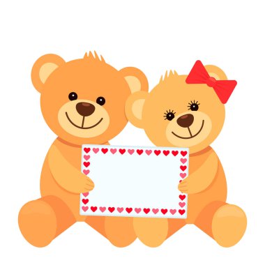 Komik karakterler sarılmak ve onların paws ile yer kartları metniniz için tutun iki oyuncak ayılar vardır. Sevgililer günü kavramı, düğün. düz vektör illüstrasyon izole beyaz
