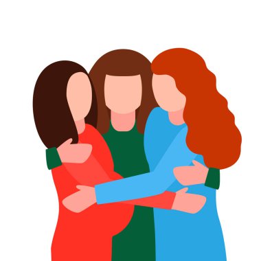 Genç hamile kadınlar toplantıda sarıl. Kardeşlik, feminizm, arkadaşlık, insanlar fikirli ve bebek duş kavramı. Beyaz arka plan üzerinde - vektör illüstrasyon izole düz vektör çizim