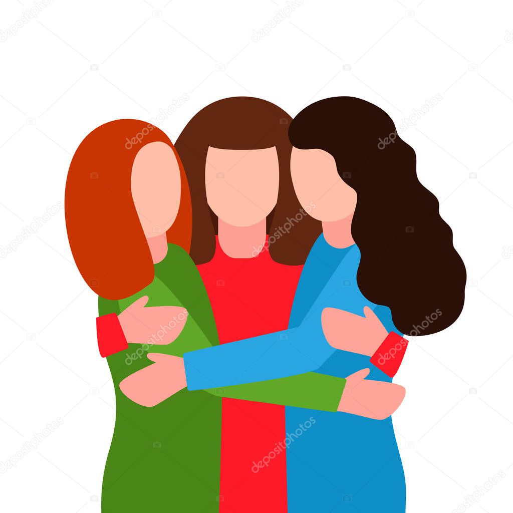 Young women hug at the meeting. The concept of sisterhood, feminism, female friendship, like-minded people. together - we are force. flat vector illustration isolated on white background - Vector illustration
