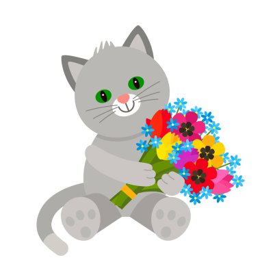 Komik karakter Teddy Kitten içinde onun paws Lale çiçek bir buket tutar. Sevgililer günü, düğün, Mart 8, kavramı anneler günü. düz vektör illüstrasyon izole beyaz arka plan üzerinde -