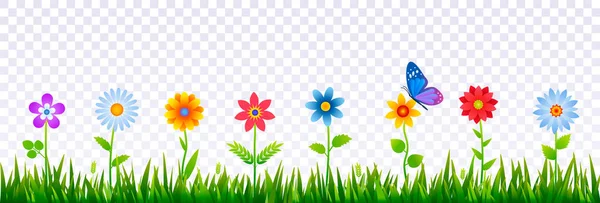 봄 꽃과 푸른 잔디의 밝은 테두리입니다. 부활절 카드, 포스터, 배너를 꾸미기 위한 템플릿. 현실적인 벡터 일러스트 레이 션 — 스톡 벡터