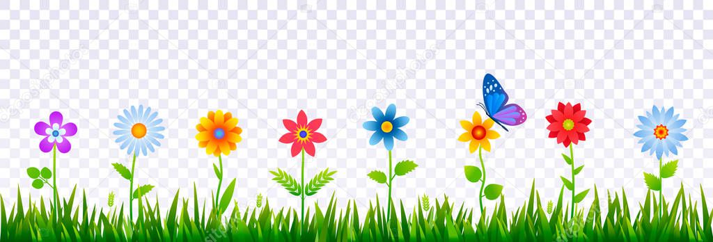 Bright border of green grass with spring flowers. Template for decorating Easter cards, posters, banners. Realistic vector illustration