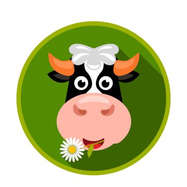 Komik surat papatya yiyor bir inek. logo veya etiket. düz vektör illüstrasyon izole dairesel şekil yeşil arka plan üzerinde