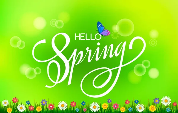 刻字贺卡 手写字母 你好春天在明亮的绿色背景和春天草甸花 向量例证 — 图库矢量图片
