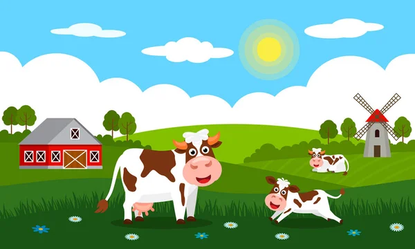 Vacas Lindas Becerros Divertidos Pastan Sobre Hierba Verde Sobre Fondo — Vector de stock