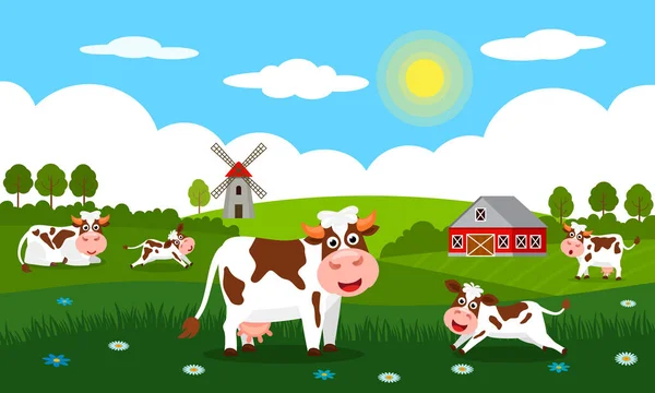 Милые Коровы Смешные Телята Пасутся Зеленой Траве Фоне Сельского Летнего — стоковый вектор