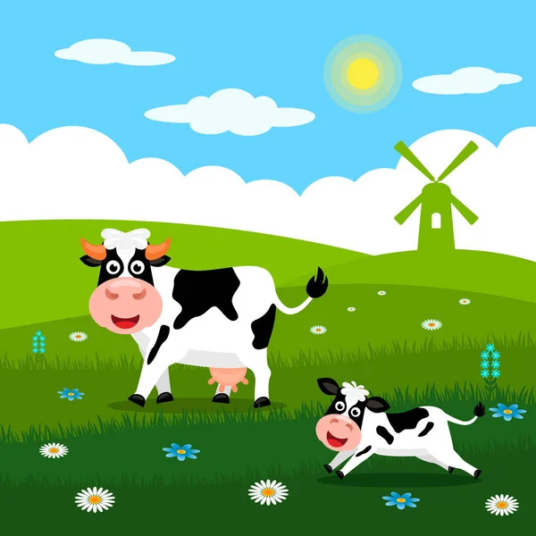 Roztomilý Kráva Vtipné Telata Pasou Zelené Trávě Pozadí Venkovské Letní — Stockový vektor