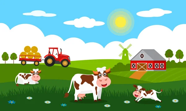 Vacas Lindas Becerros Divertidos Pastan Sobre Hierba Verde Contexto Paisaje — Vector de stock