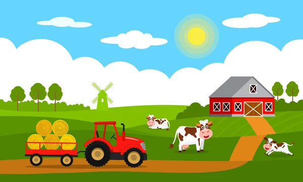 Vacas Lindas Becerros Divertidos Pastan Sobre Hierba Verde Contexto Paisaje — Vector de stock