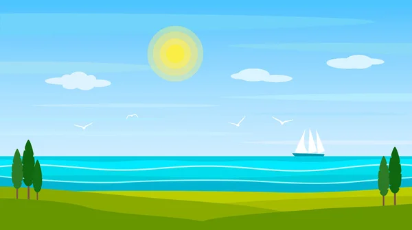 Paisaje Verano Costa Del Mar Del Océano Con Verdes Colinas — Vector de stock