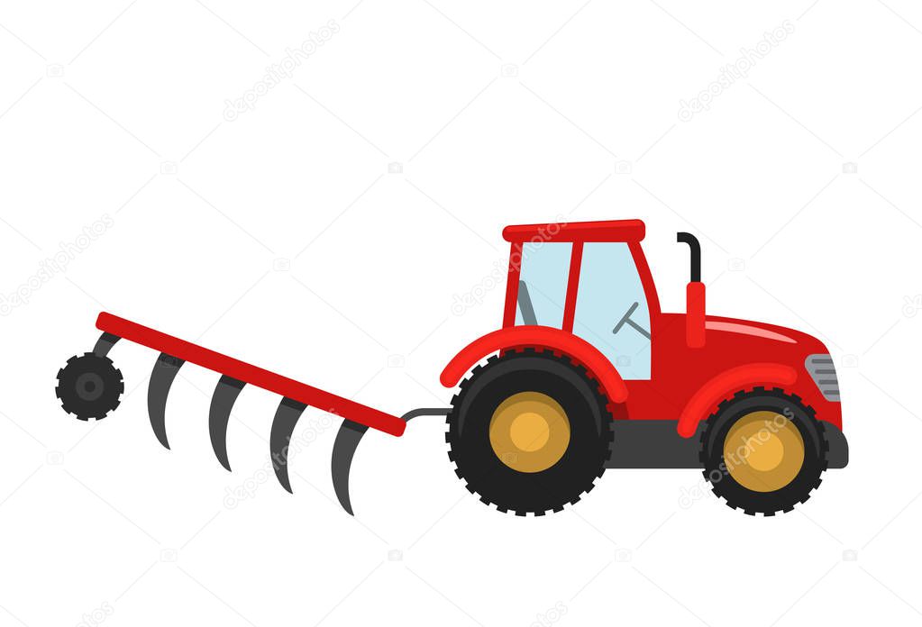 Red Tractor with trailer. Vector illustration in flat style isolated on white background.