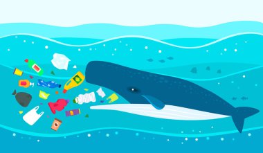Ekolojik felaket Okyanusu plastik çöp. Büyük bir İspermeçet balinası plastik çöp kirli denize karşı yemek yer. düz vektör çizim
