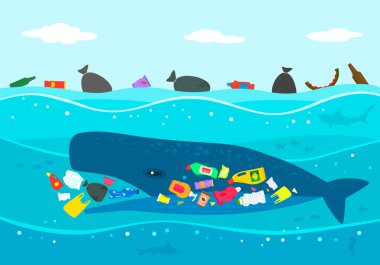 Ekolojik felaket Okyanusu plastik çöp. Büyük bir İspermeçet balinası plastik çöp kirli denize karşı yemek yer. düz vektör çizim