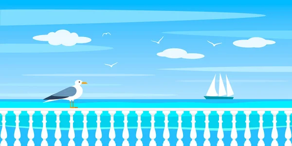 Nasyp Seagull Seascape Horyzoncie Statek Ilustracja Wektorowa Płaskie — Wektor stockowy